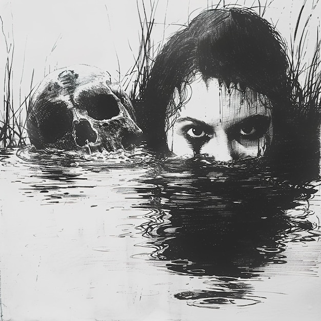 Photo a black and white drawing of a woman in water with a paw print of a skull