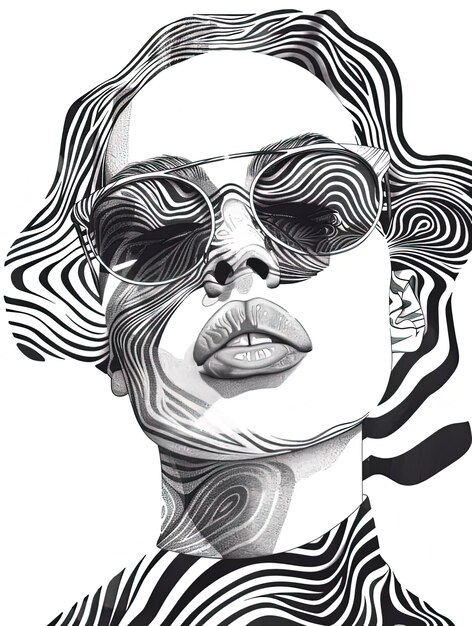 A black and white drawing of a woman wearing sunglasses