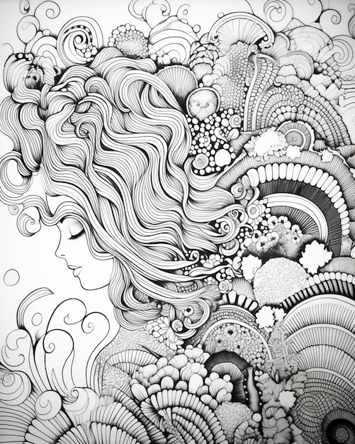 A black and white drawing of a woman with curly hair and a swirl of flowers.