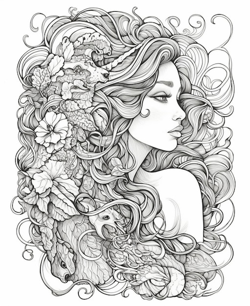A black and white drawing of a woman with a dragon and flowers.