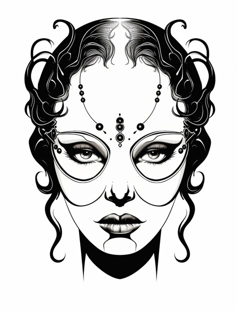 Photo a black and white drawing of a woman with a face covered in makeup generative ai