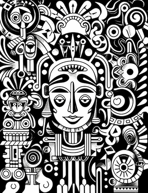 a black and white drawing of a woman with a face surrounded by various objects generative ai