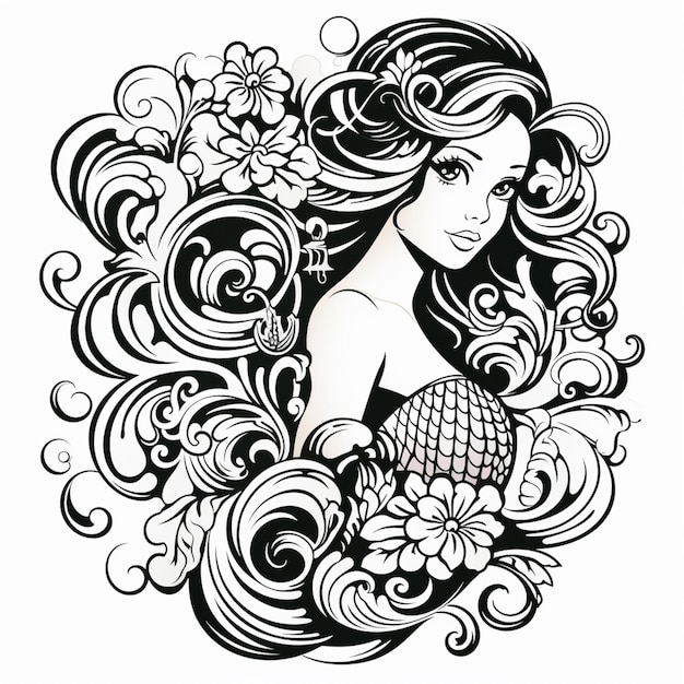 a black and white drawing of a woman with a fish tail generative ai