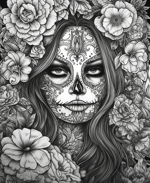 花のような顔をした女性の白黒の絵。