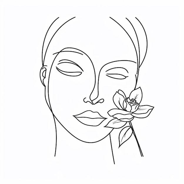 A black and white drawing of a woman with a flower on her face.