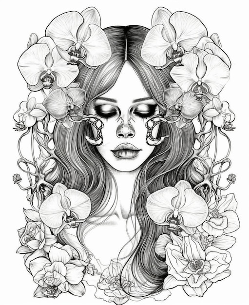 A black and white drawing of a woman with flowers on her face.