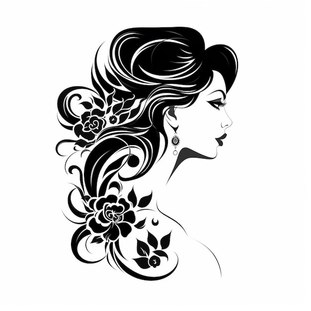 머리카락에 꽃이 있는 여자의 흑백 그림