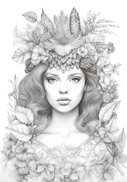 a black and white drawing of a woman with flowers in her hair.