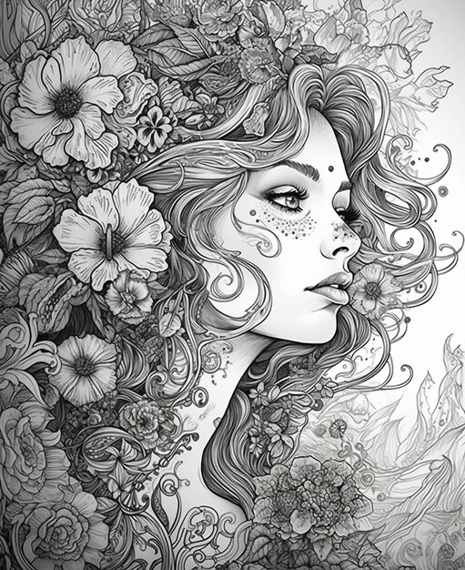 A black and white drawing of a woman with flowers on her head.