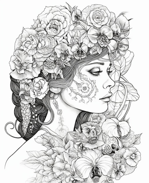 A black and white drawing of a woman with flowers on her head.