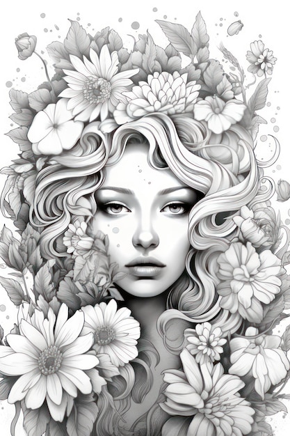 A black and white drawing of a woman with flowers on her head