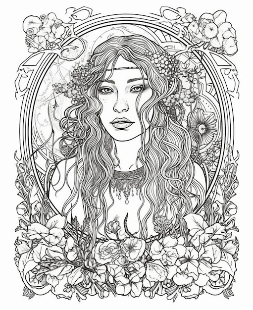 A black and white drawing of a woman with flowers and leaves.