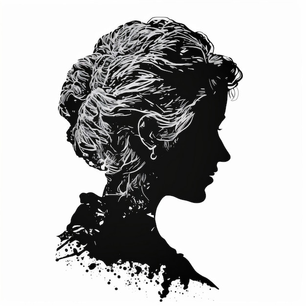 A black and white drawing of a woman with a hairdo.