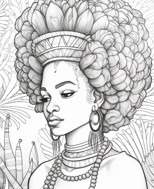 A black and white drawing of a woman with a large afro generative ai