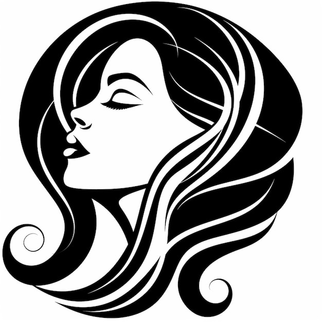 a black and white drawing of a woman with long hair