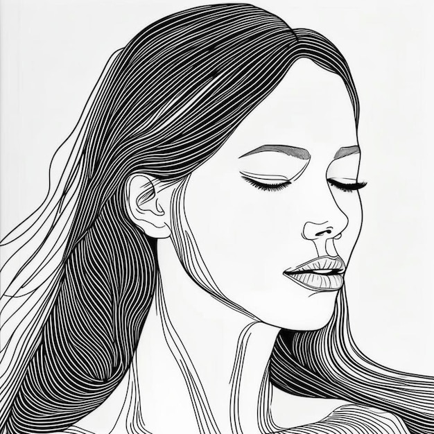 a black and white drawing of a woman with long hair