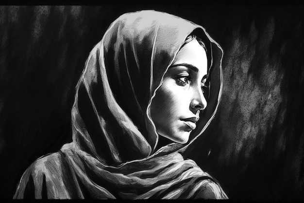 A black and white drawing of a woman with a red scarf on her head.