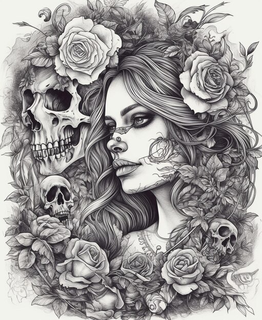 A black and white drawing of a woman with roses and roses.