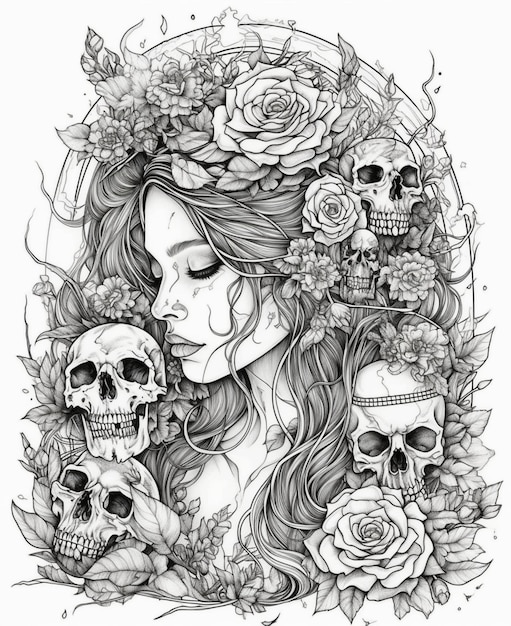 A black and white drawing of a woman with skulls and roses.