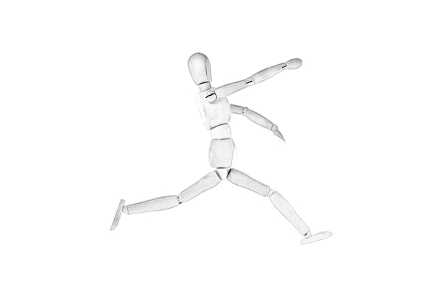 Black and white drawing of a wooden puppet on a white