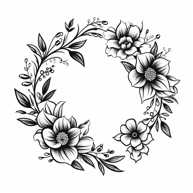 a black and white drawing of a wreath of flowers generative ai