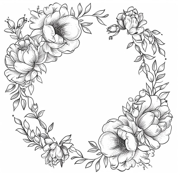 Photo a black and white drawing of a wreath of flowers generative ai