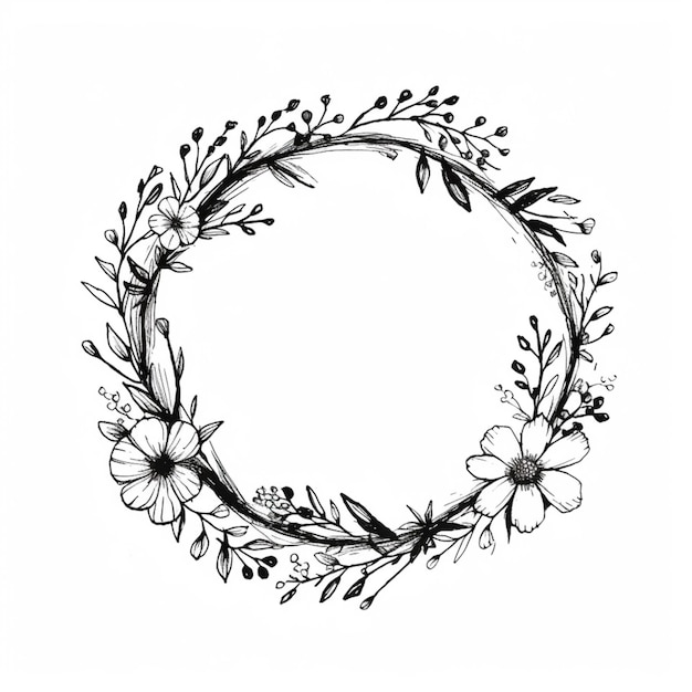 a black and white drawing of a wreath of flowers generative ai