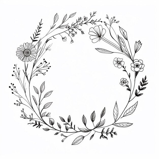 a black and white drawing of a wreath of flowers generative ai