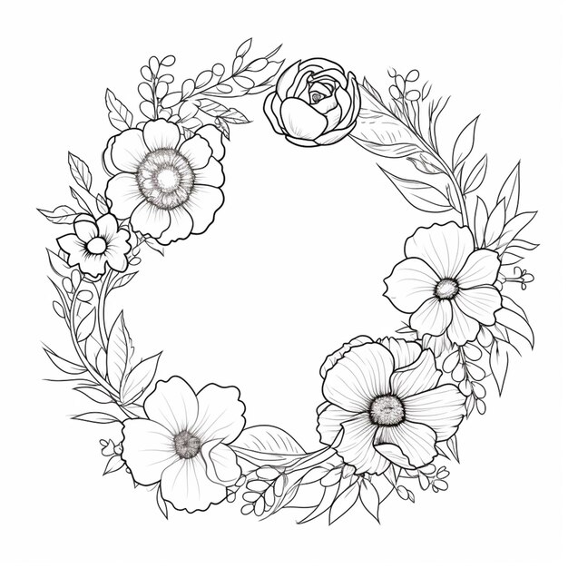 a black and white drawing of a wreath of flowers generative ai