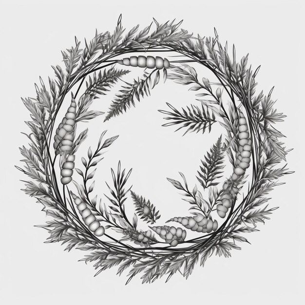 Photo a black and white drawing of a wreath of leaves and berries generative ai