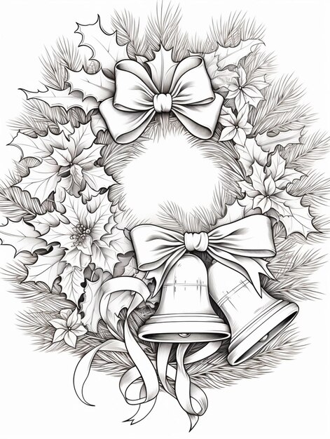 a black and white drawing of a wreath with bells and holly leaves generative ai