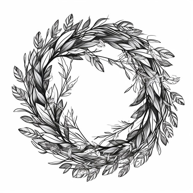 Photo a black and white drawing of a wreath with leaves generative ai