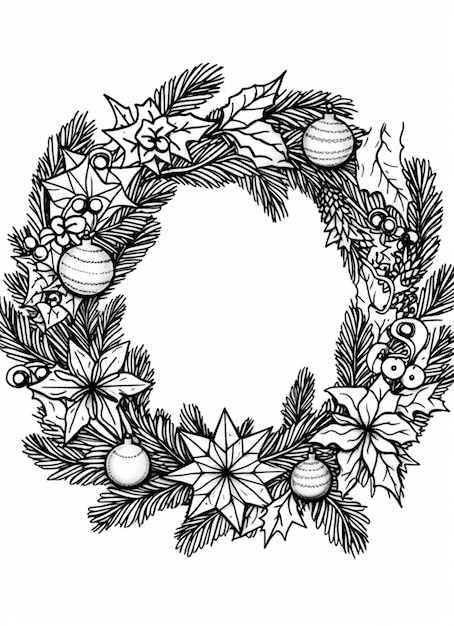 a black and white drawing of a wreath with ornaments generative ai