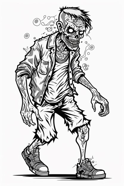 Photo a black and white drawing of a zombie walking with a cigarette in his mouth generative ai