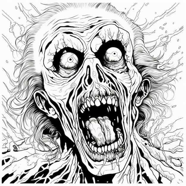 a black and white drawing of a zombie with a large mouth generative ai