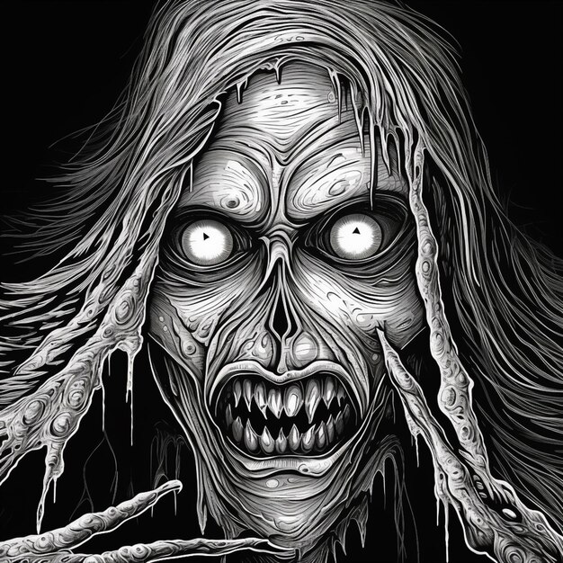 Photo a black and white drawing of a zombie with long hair generative ai