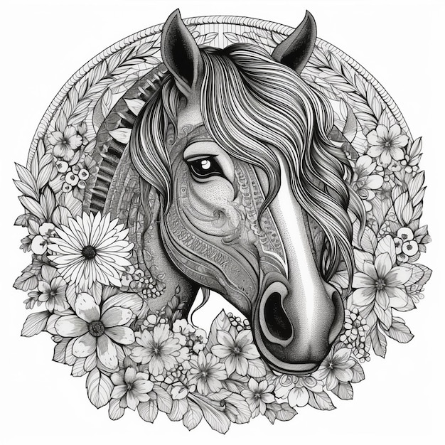 black and white drawn front horse face logo