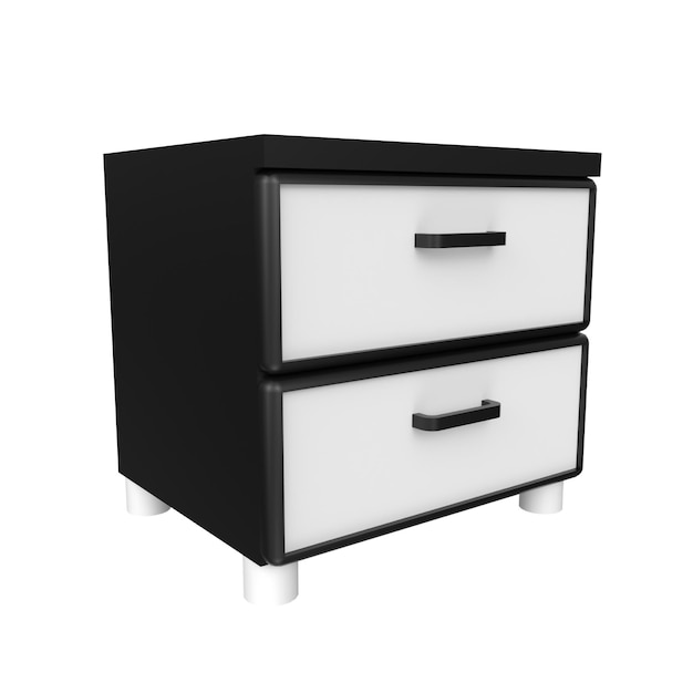 A black and white dresser with two drawers and one drawer has a black handle.