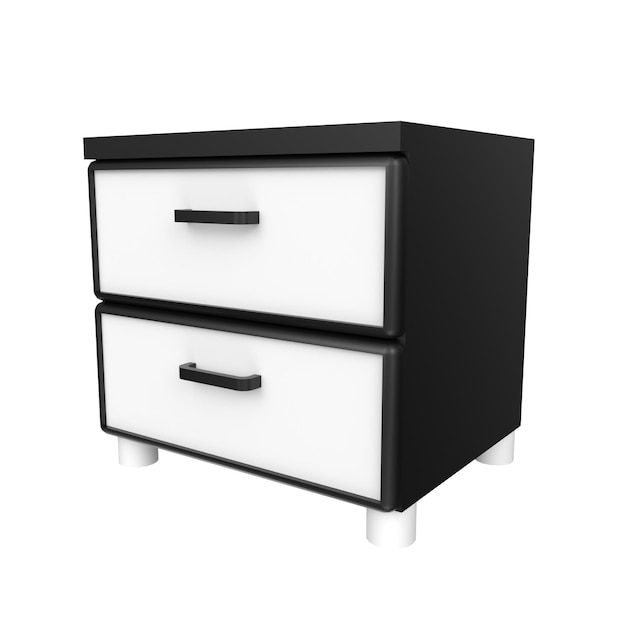 A black and white dresser with two drawers and one drawer has a black handle.