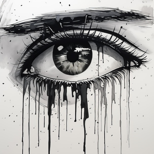 Photo black and white dripping eye illustration with urban decay realism