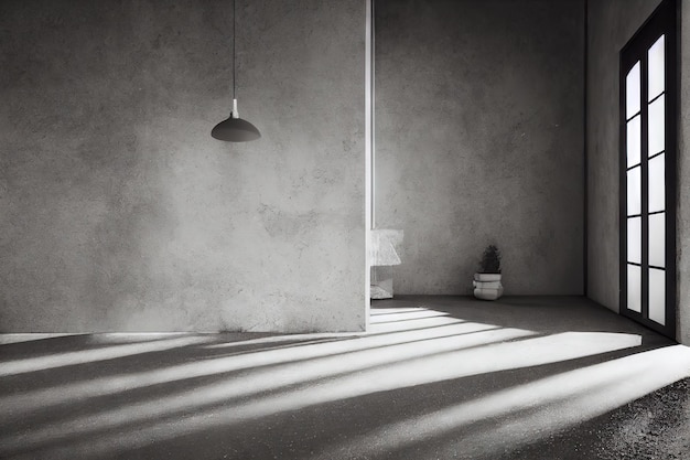 Black and white empty concrete room with light shadows on the floor lamp and plant in the pot on the