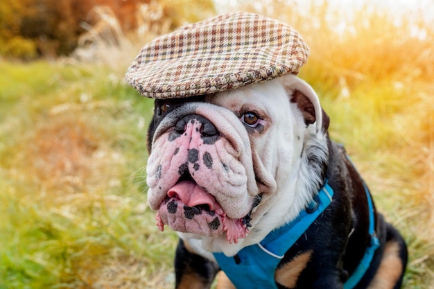Black and white english british bulldog wearing a classic\
english cap out for a walk