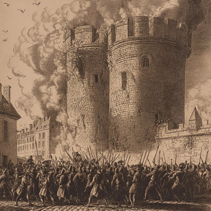 Photo a black and white engraving depicting a crowd of people storming a fortified tower with smoke rising from the top
