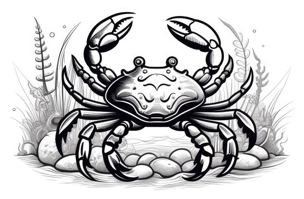 black and white engraving illustration of crab with claws on sea bottom ocean wildlife seafood