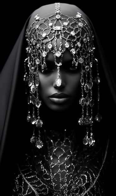 Black and white fantasy fashion portrait of hooded girl model witch Veil Dark skin low light