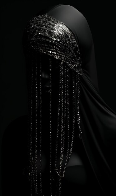 Black and white fantasy fashion portrait of hooded girl model witch Veil Dark skin low light