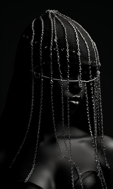 Black and white fantasy fashion portrait of hooded girl model witch Veil Dark skin low light