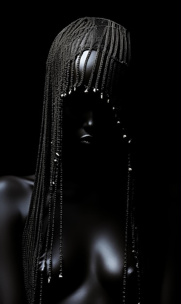 Black and white fantasy fashion portrait of hooded girl model witch Veil Dark skin low light