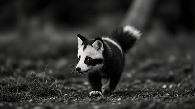 a black and white ferret is walking on the ground