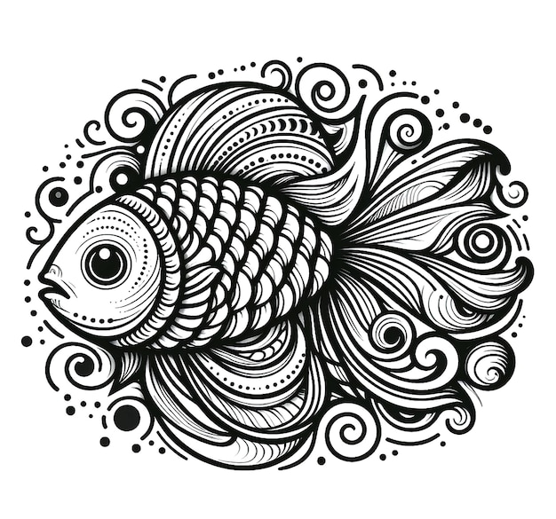 Foto animale pesce bianco e nero con un disegno decorativo in stile mandala floreale e ornamentale